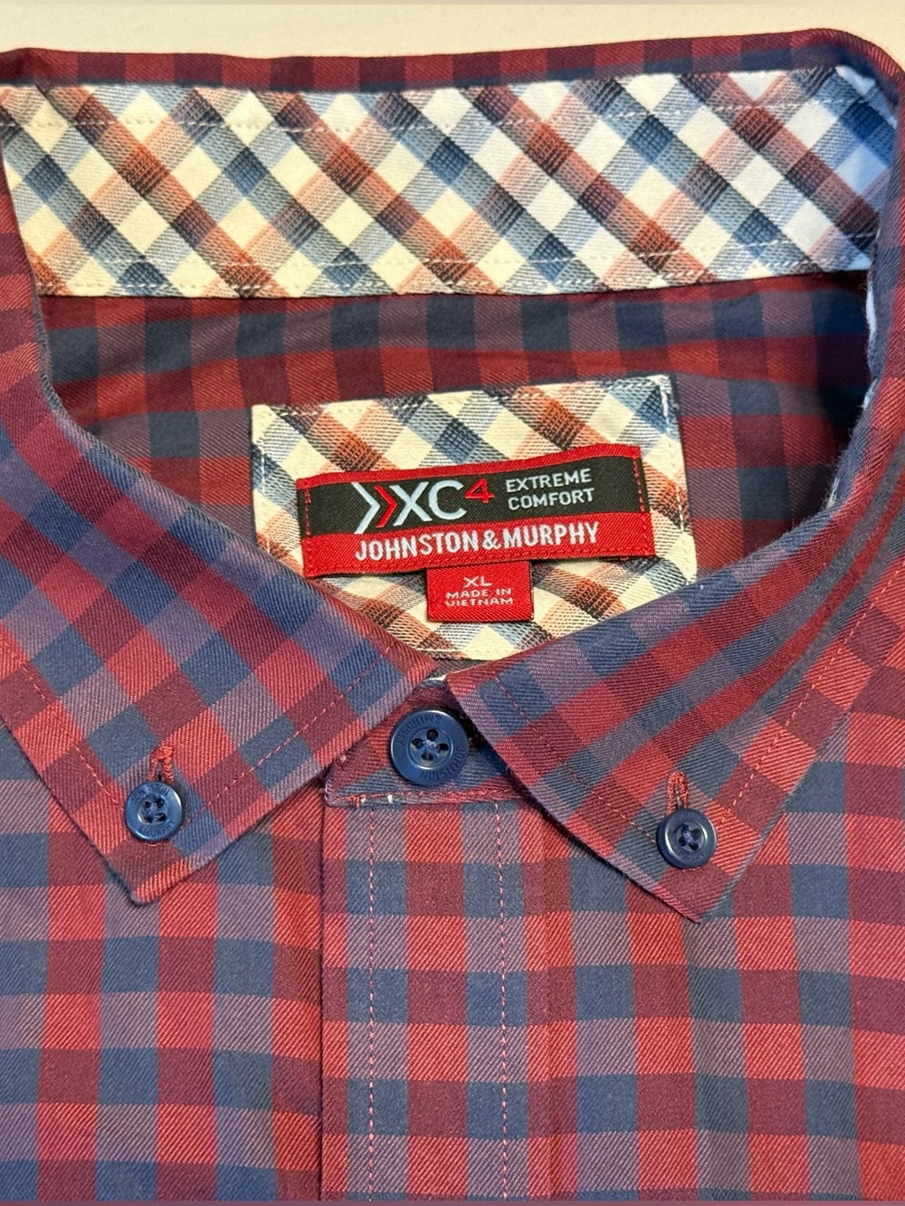 Johnston & Murphy Red and Navy Check Button-Down Shirt